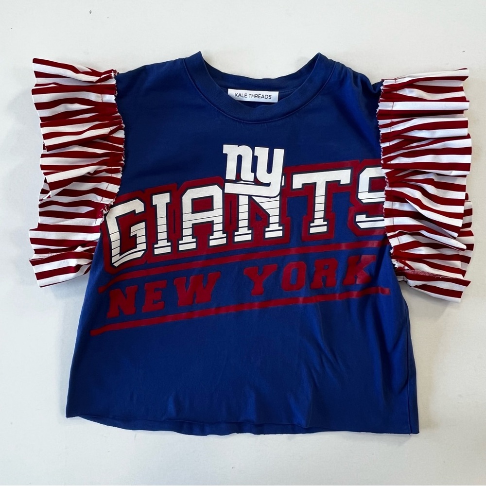 Vintage Upcycled Blue and Red NY Giants T-Shirt with Ruffle Sleeves - Picture 9 of 11